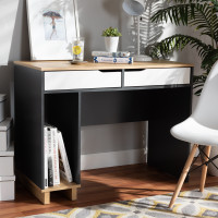 Baxton Studio ST8001-Oak/Grey/White-Desk Reed Mid-Century Modern 2-Drawer Multicolor Wood Computer Desk